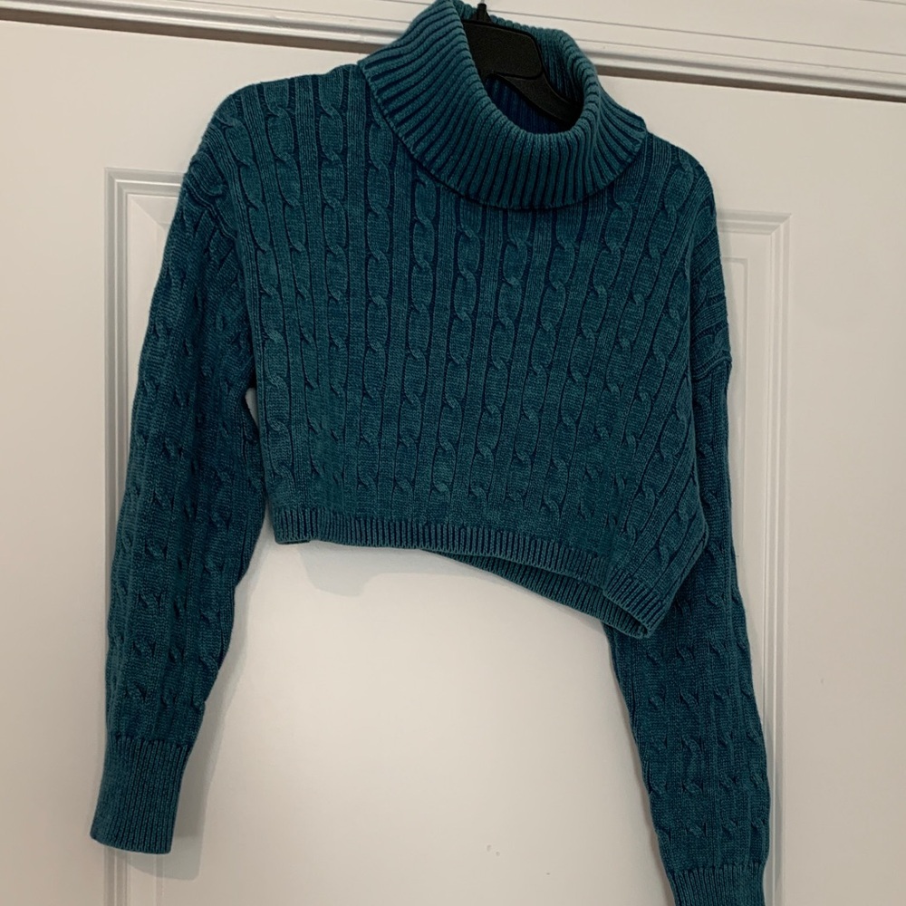 Emory Park Teal Cowl Neck cable knit cropped weathered texture Sweater L NWOT